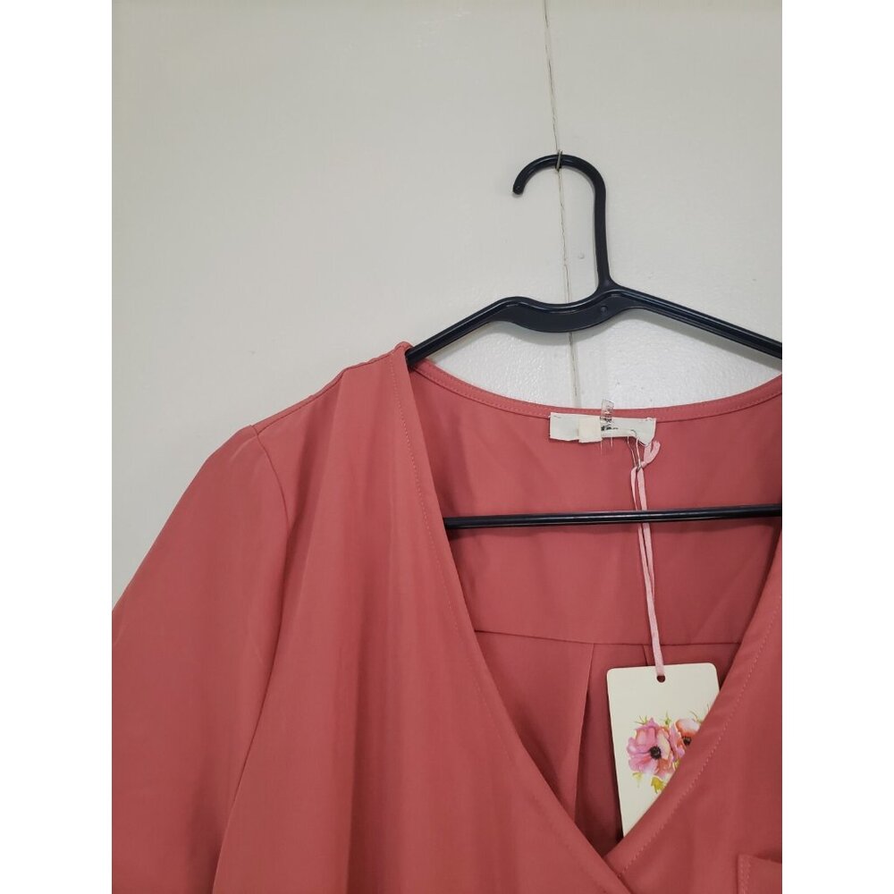 Entro Womens L Shirt Dress Coral Pink Button Up Short Sleeve Casual Office NWT - Picture 4 of 5